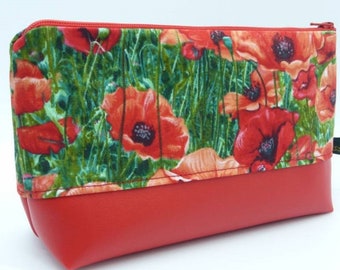 Kosmetiktasche Mohnblumen, Mohn, Schminktasche, Kunstleder, vegan, Unikat hessmade