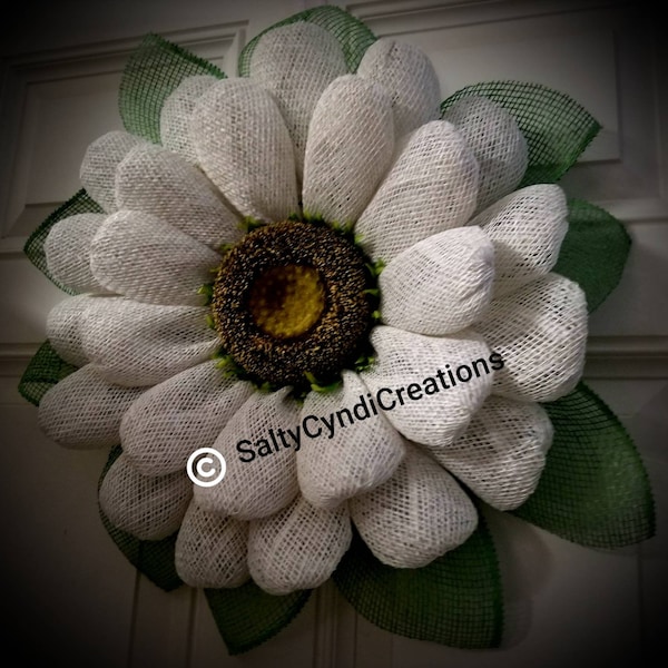 Shasta Daisy Wreath: Poly Burlap Flower Door Hanger