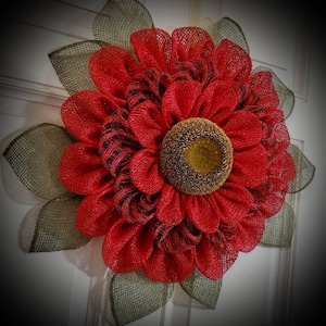 Red and black check mesh ladybug wreath.  Red Zinnia flower. Outdoor decor, poly burlap,  weather resistant. Fall, Autumn