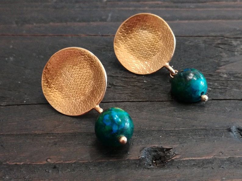 gift for her Greek jewelry Small gold earrings with Chrysocola stones drop earrings gold stud earrings minimal earrings
