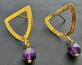 Gold stud earrings, dangle earrings, drop earrings, Greek jewelry, trinangle earrings, amethyst earrings, minimal earrings, gift for her