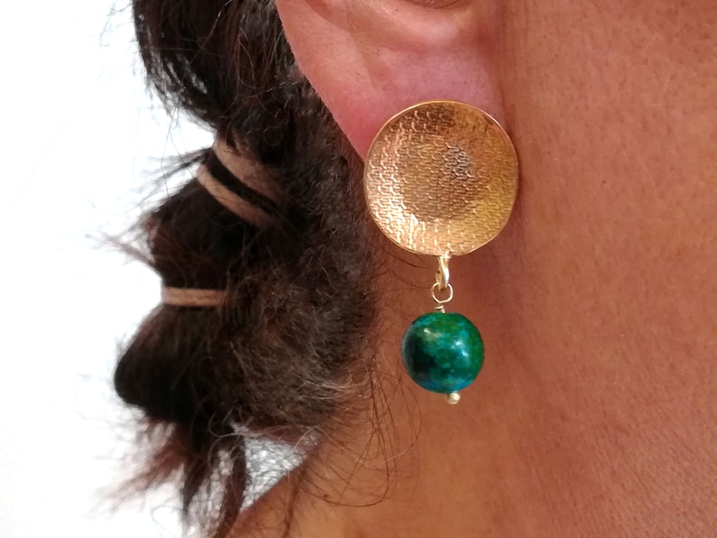 gift for her Greek jewelry Small gold earrings with Chrysocola stones drop earrings gold stud earrings minimal earrings