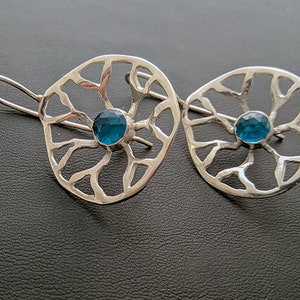 Round silver earrings with Apatite blue stone, silver hook earrings, gemstone earrings, Greek jewelry, 5th anniversary gift for her