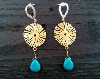 FREE DHL shipping Silver and Gold earrings with Turquoise stone, wedding earrings, long stud earrings, Greek jewelry, bohemian earrings