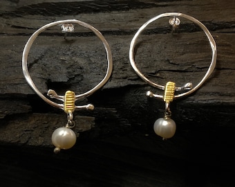 Silver hoop earrings, pearl hoop earrings, wedding hoops, dangle silver earrings, Greek jewelry, silver stud hoops, pearl earrings