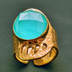 Gold ring with blue stone, blue chalkidone stone ring, Greek jewelry, adjustable silver ring, open gold ring, gift her, gift for wife