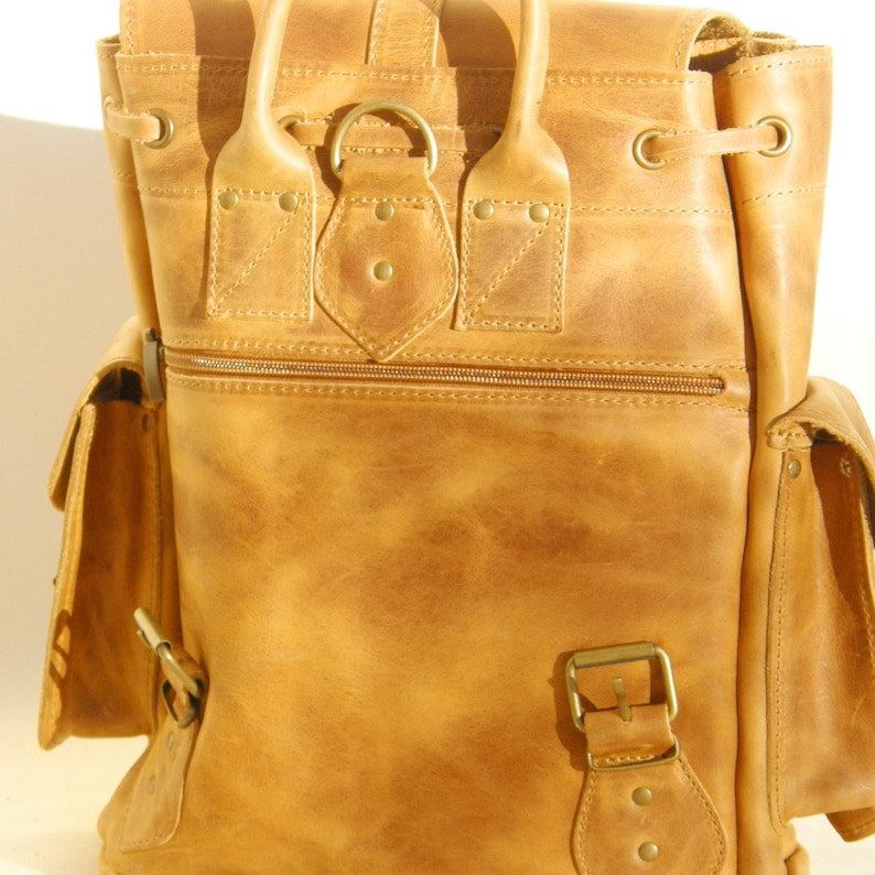 soft leather bag Wax yellow leather backpack bag unisex backpack bag medium leather backpack bag Greek leather bag Laptop Backpack