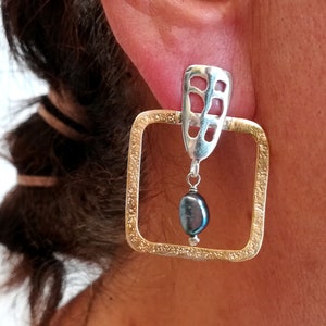 Pearl gold earrings, Greek jewelry, gold stud earrings, hoops earrings, pearl earrings, square earrings, black pearl earrings, geometric