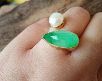 FREE DHL shipping 925 silver ring with Fresh water pearl and agate green stone Silver twiste ring Greek handmade ring Adjustable silver ring