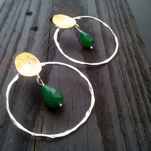 Silver hoop earrings, Jade stones earrings, stud hoops, Greek jewelry, gemstone hoops, bohemian hoops, hammered silver hoops, gift for her