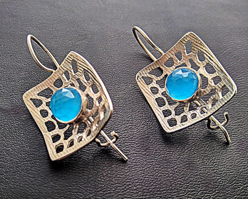 square earrings Geometric silver earrings with Turquoise stone gemstone earrings silver hook earrings Greek jewelry gift for her