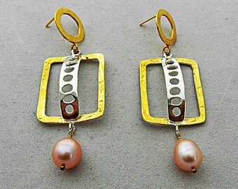 Pearl earrings, stud gold earrings, Greek jewelry, dangle pearl earrings, birthday gift, geometric earrings, gift for her, gift for wife