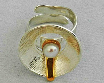 Plata y oro anillo con perla verdadera