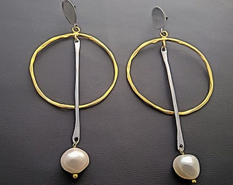 Gold pearl hoops, pearl hoop earrings, wedding hoops, dangle silver earrings, Greek jewelry, silver stud hoops, pearl earrings