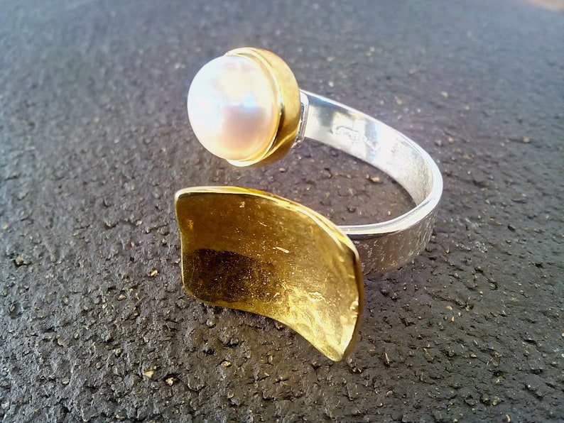 adjustable ring Wedding pearl ring gift for her Greek jewelry silver and gold ring anniversary ring gift for wife romantic ring