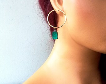 Gold stud hoops, large gold hoops, Greek jewelry, malachite stone hoops, dangle gold hoops, earrings, drop earrings, gift for her