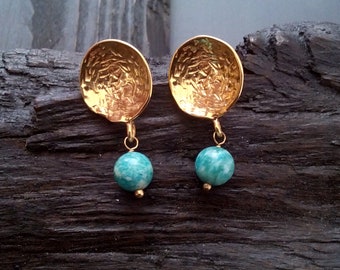 Small gold earrings with amazonite stones, drop earrings, wedding earrings, Greek jewelry, gold stud earrings, dangle earrings, gift for her