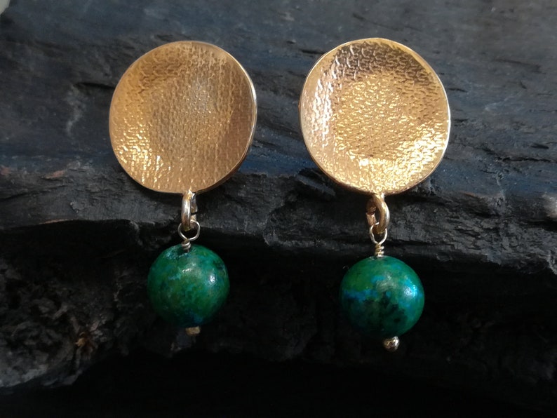 gift for her Greek jewelry Small gold earrings with Chrysocola stones drop earrings gold stud earrings minimal earrings
