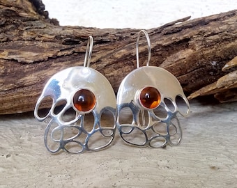 Sterling Silver earrings with Amber stone, Greek jewelry, Modern silver earrings, gemstone earrings, gift for her, gift for wife