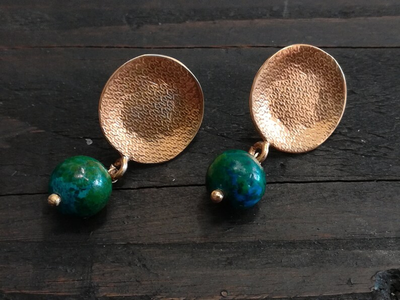 gift for her Greek jewelry Small gold earrings with Chrysocola stones drop earrings gold stud earrings minimal earrings