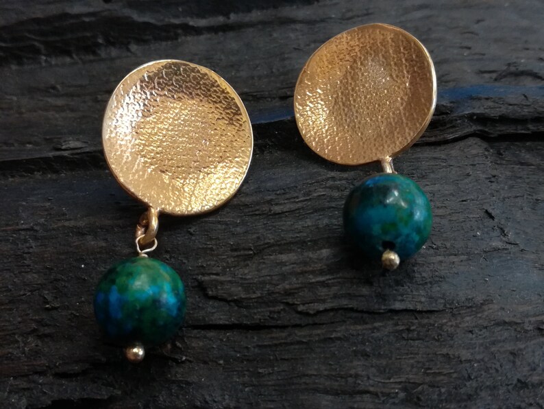 gift for her Greek jewelry Small gold earrings with Chrysocola stones drop earrings gold stud earrings minimal earrings