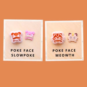 May include: Two sets of cartoon character-shaped accessories. One set features a Slowpoke design, and the other features a Meowth design. The text "POKE FACE" and the character names are printed below each set.