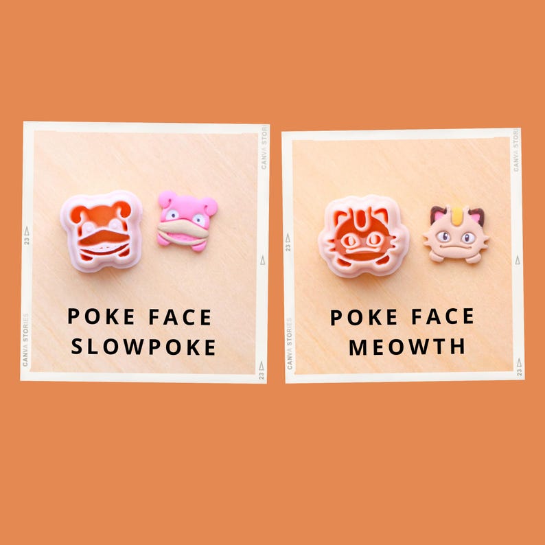 May include: Two sets of cartoon character-shaped accessories. One set features a Slowpoke design, and the other features a Meowth design. The text "POKE FACE" and the character names are printed below each set.
