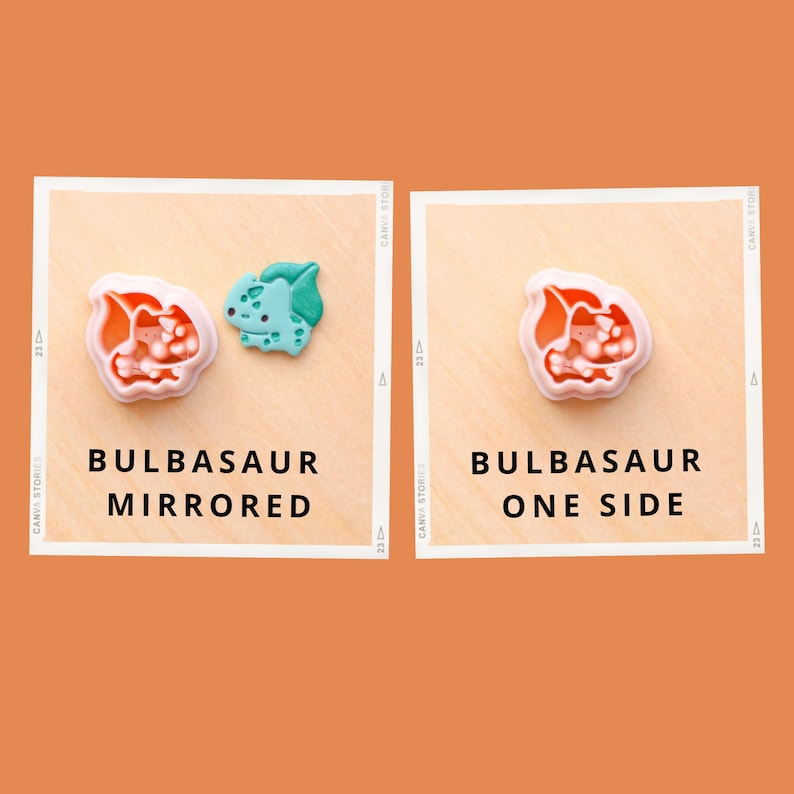 May include: Two Bulbasaur-themed cookie cutters, one mirrored and one single-sided, are displayed on a light brown surface. The mirrored cutter features a light green Bulbasaur and a red and white flower. The single-sided cutter is a red and white flower. Text reads "BULBASAUR MIRRORED" and "BULBASAUR ONE SIDE."