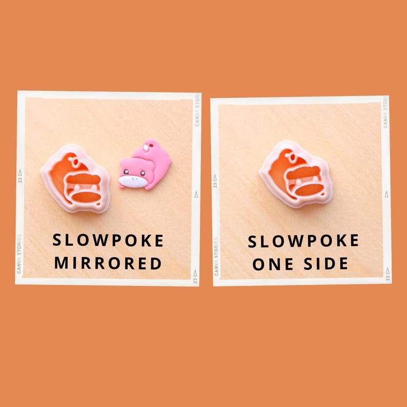May include: Two images on an orange background. One shows a Slowpoke character mirrored, and the other shows a Slowpoke character from one side. The text "SLOWPOKE MIRRORED" and "SLOWPOKE ONE SIDE" are below the images.