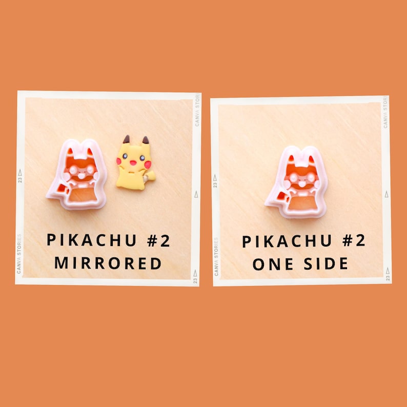 May include: Two small, colorful Pikachu-themed charms. One is yellow with black accents, the other is orange and white. Text on the image reads "PIKACHU #2 MIRRORED" and "PIKACHU #2 ONE SIDE".