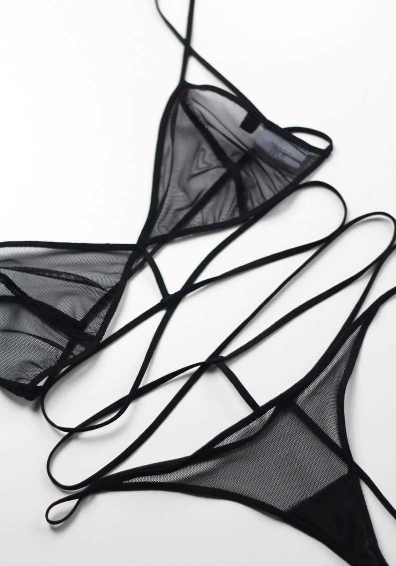 Harness Mesh Bra & String Thong Transparent Lingerie Set Black Etsy