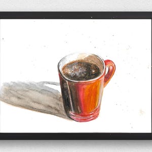 Peut inclure: Une peinture à l'aquarelle d'une tasse rouge remplie de café. La tasse projette une ombre sur un fond blanc.