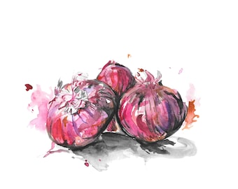Dipinto di cipolle rosse - Download digitale, acquerello, cipolle, opera d'arte a tema alimentare, natura morta ad acquerello, decorazioni per la cucina, verdure, belle arti