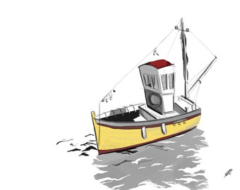 May include: A yellow and red fishing boat with a gray cabin and a white roof. The boat is in the water with gray waves.
