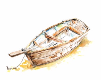 Wooden Boat Painting - Original Watercolor, Old Boat, Boat Art, Watercolor Painting, Boats, Nautical Painting, Nautical Decor, Digital Print