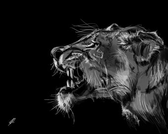 Lion Fangs - Digital Print, Printable, Lion Prints, African Animals, Lion Wall Art, Lions, Black and White, Illustration Drawing Painting