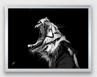 Tigre - Impresión Digital, Descargar, Blanco y Negro, Dibujo, Pintura, Ilustración, Tigres, Obras de Arte, Arte de Pared, Gato Grande, Selva, Impresiones, Gatos