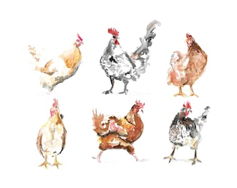 May include: Watercolor painting of six chickens and roosters in various poses. The birds are depicted in shades of white, brown, and gray, with red combs. The artwork has a soft, artistic style, perfect for farm-themed decor.