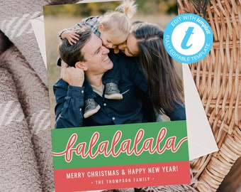 Tarjeta navideña con foto de Falalala: Plantilla editable para fiestas familiares (digital)