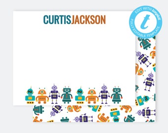 Note Card Template/Printable Children Stationery/Robot Note Card/Personalized Kid Stationery/Printable Thank You/Personalized Notecards/NP70