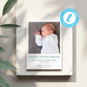Baby Birth Announcement Template That Is Minimalist And Modern, Printable Newborn Photo Card, Editable Instant Download, Templett, NP199
