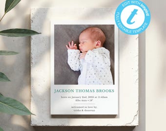 Plantilla minimalista para anuncio de nacimiento de bebé: Tarjeta fotográfica moderna (editable, descarga instantánea)