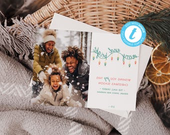 Plantilla de tarjeta fotográfica navideña con adornos coloridos (descarga digital)