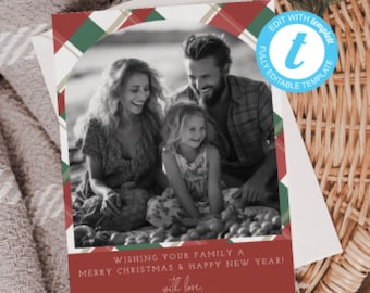 Plantilla de tarjeta fotográfica navideña a cuadros: Retrato familiar moderno (descarga digital) NP179