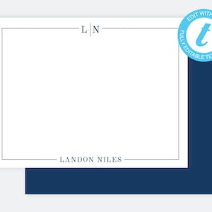 Junge Monogramm Briefpapier Danke Geschenk, blaue flache Notecard benutzerdefinierte digitaler Download, EP87