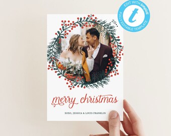 Tarjeta fotográfica navideña con corona: Plantilla editable para las fiestas de invierno (digital)