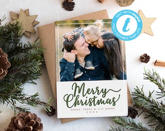 Plantilla de tarjeta navideña familiar con foto: Tarjeta navideña DIY (Descarga digital)