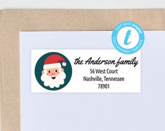 Plantilla de etiqueta de dirección navideña con gorro de Papá Noel: Tarjeta navideña imprimible (DIY)