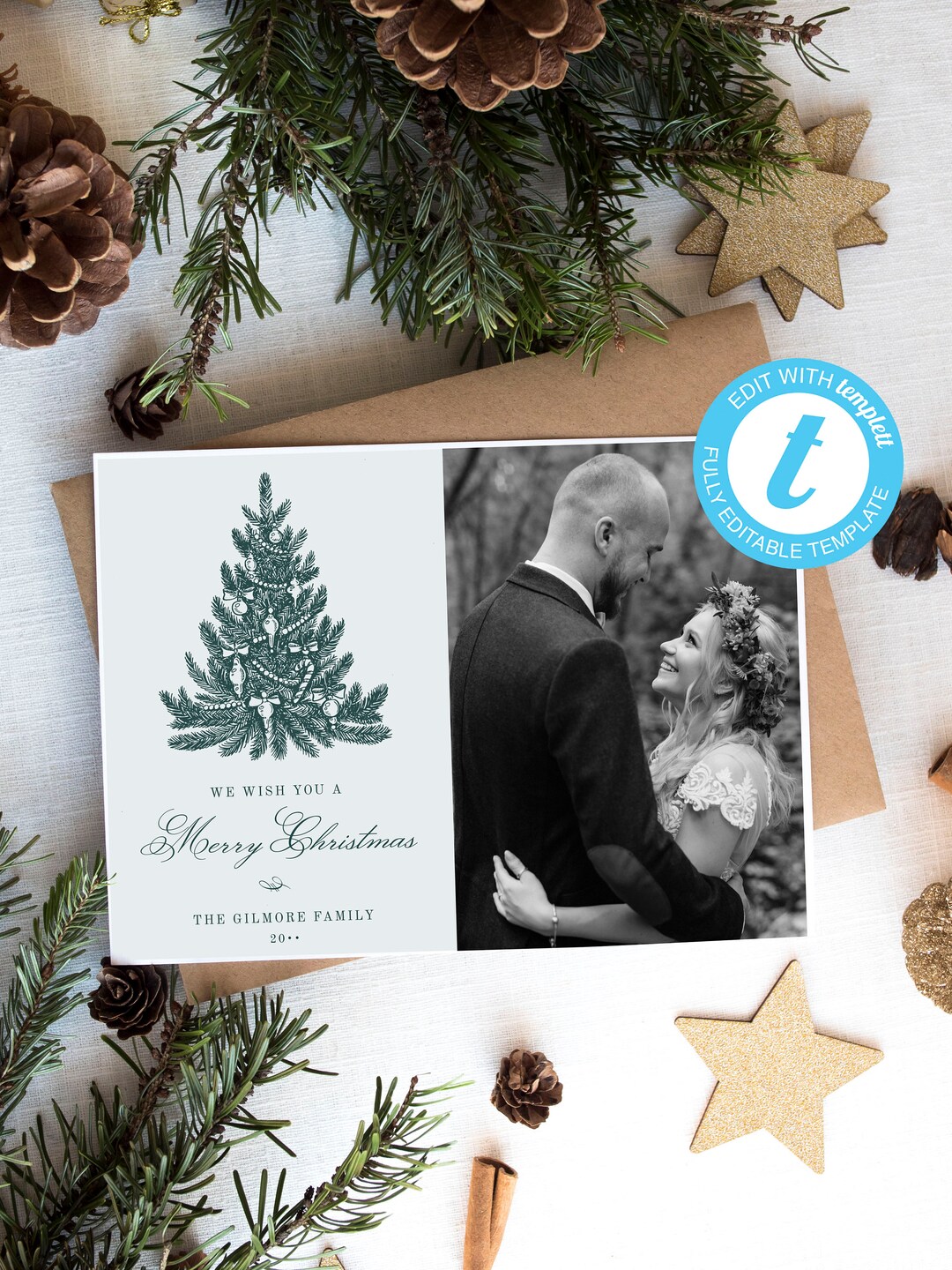 Tree Photo Cards Sketched Christmas Tree Photo Card: DIY Holiday Template (digital ...