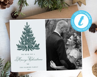 Tarjeta fotográfica con dibujo de árbol de Navidad: Plantilla DIY para fiestas (Descarga digital)